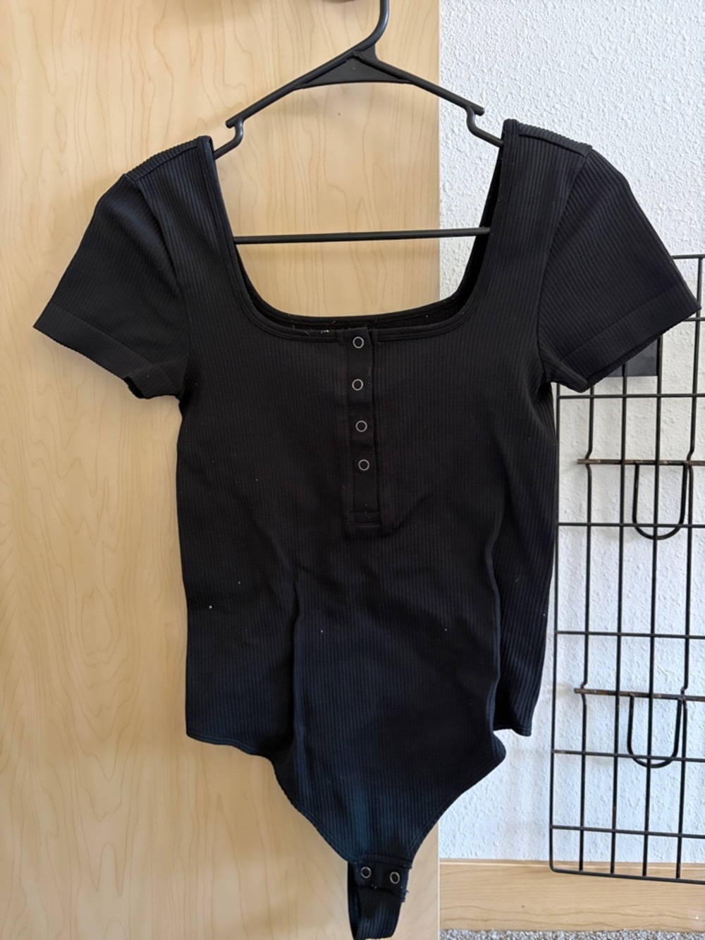 Black Ribbed Square-Neck Short Sleeve Bodysuit